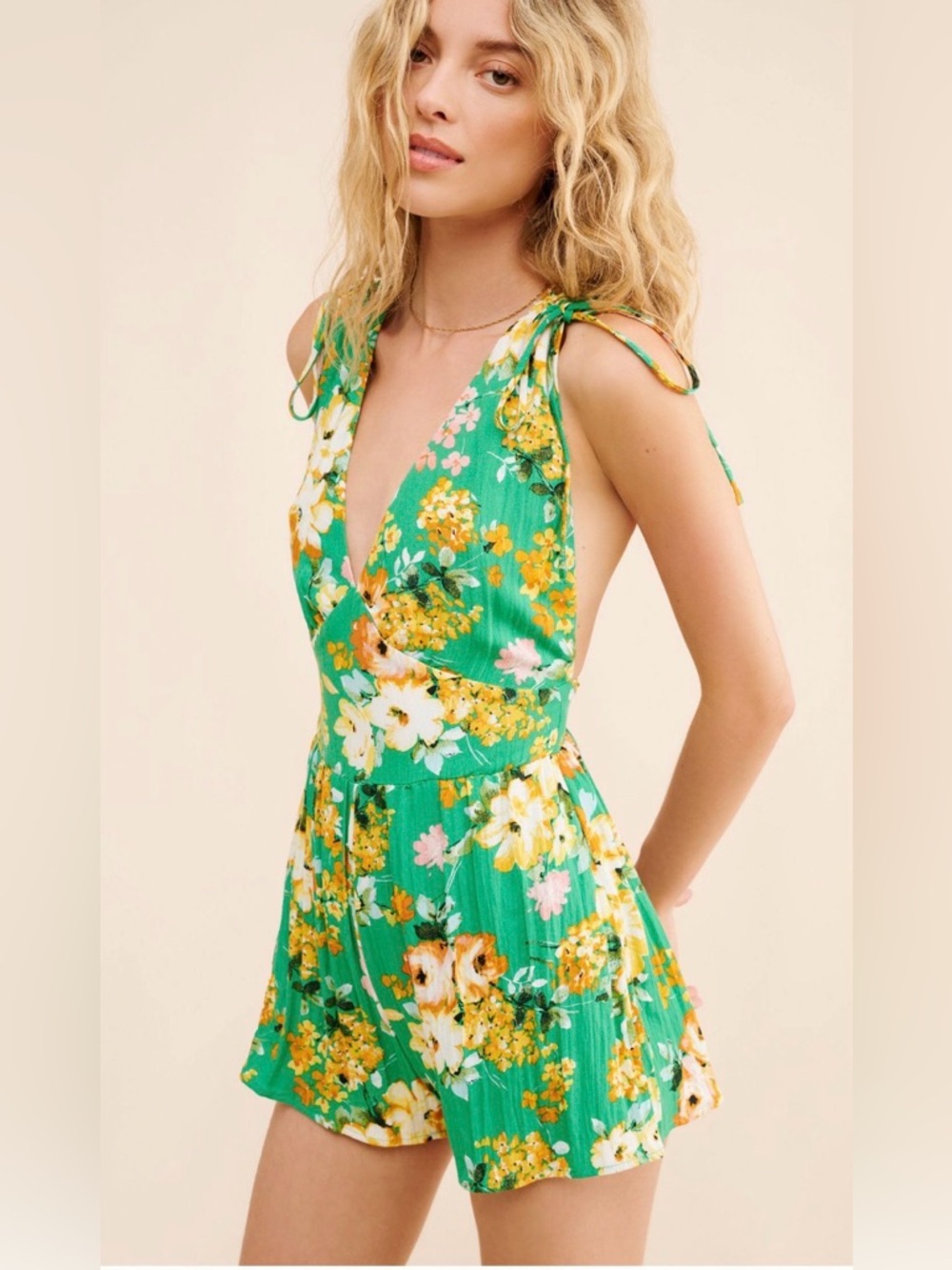 Anthropologie Green Floral Tie-Shoulder Romper
